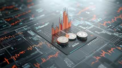 Fototapete - Innovative 3D Market Concept Featuring Ascending Financial Charts Coins and a Vertical Arrow Symbolizing Growth and Success in the Digital Financial Landscape