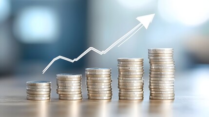 Poster - Ascending digital arrow graph with rows of coins symbolizing growth and success in the market set against a blue abstract background  Visualization of financial data investment strategy