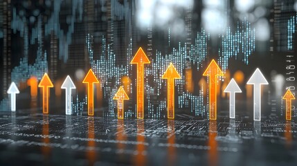 Aufkleber - Digital forex market chart with glowing arrows rising over a world map symbolizing the interconnected global trading landscape and the thriving economic growth across international markets