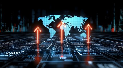Aufkleber - Sleek digital business chart with glowing upward arrows overlaid on a world map depicting the growth and expansion of the global forex market and international financial trends