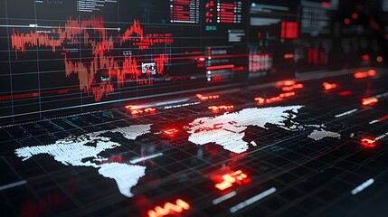 Exciting dynamic forex market concept with glowing arrows on a world map and overlaid business chart representing the global currency exchange financial data analytics and international trade