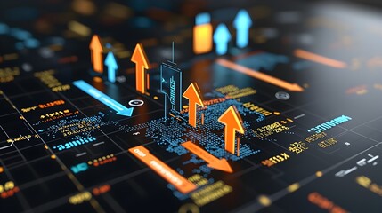 Aufkleber - Glowing Forex Market Arrows Pointing Upwards on a World Map Background with Business Charts Showing Global Financial Growth and Trends