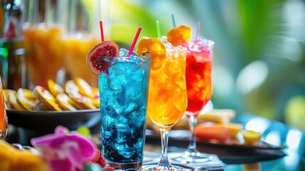 Poster - A table displays an assortment of colorful cocktails alongside enticing snacks and fresh fruit slices, perfect for a lively celebration. Generative AI