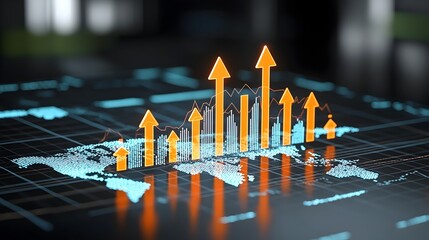 Aufkleber - Glowing Forex Market Arrows Pointing Upwards on a World Map Background Showcasing Global Financial Growth and Market Trends with Business Charts and Analytics