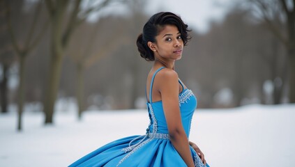 a stylish and elegant black teenager wears an ethereal blue fantasy gown with her hair styled retro-
