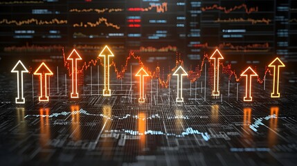 Leinwandbilder - Glowing and vibrant forex arrows rising from a digital business chart overlaid on a world map background representing the global currency trading and financial markets