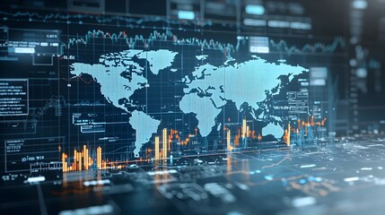 Fototapete - Glowing Arrows and Business Chart Overlay on World Map   Creative Forex Concept Symbolizing Global Financial Markets and Investment Strategies