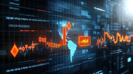 Fototapete - Creative forex concept featuring a world map with glowing arrows and a business chart overlay symbolizing global financial markets and data analytics