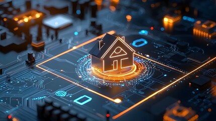 Poster - Futuristic 3D rendering of smart home technology with a central glowing house icon connected by illuminated circuit lines on a sleek dark backdrop showcasing the concept of modern intelligent