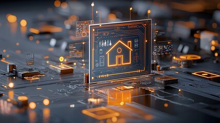 Leinwandbilder - Sleek and modern 3D rendering showcasing smart home technology with a glowing house icon at the center connected by illuminated circuit lines against a dark and minimalist backdrop