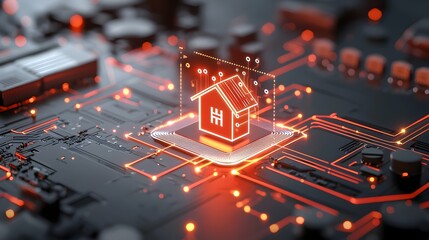 Leinwandbilder - 3D Rendering of Sleek Smart Home Technology Automation System with Glowing House Icon Centralized and Connected by Illuminated Circuit Lines on a Futuristic Dark Backdrop