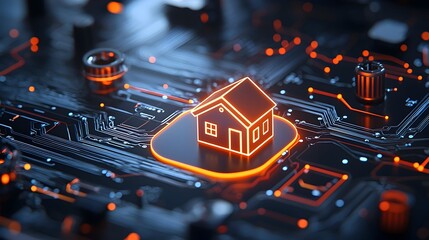 Poster - Glowing Digital Home Icon Surrounded by Futuristic Circuit Connections on a Dark Technological Background Representing Smart Home and Internet of Things