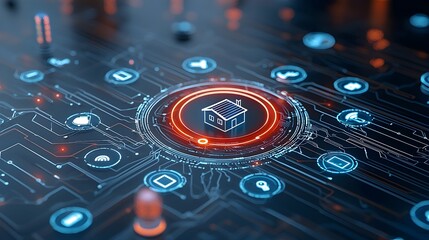 Poster - Close up view of a glowing digital home icon surrounded by futuristic circuit lines symbolizing the of smart home technology and the Internet of Things on a dark background