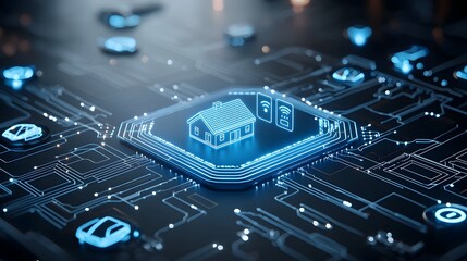 Aufkleber - 3D rendering of a smart home icon illuminated by blue digital circuits symbolizing intelligent system management and IoT on a modern dark background  The image represents the concept of a connected