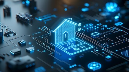 Leinwandbilder - 3D rendering of an illuminated smart home icon with blue digital circuits representing intelligent system management and IoT technology on a modern dark background
