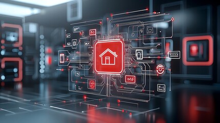 Fototapete - Glowing digital home icon centered in a complex network of illuminated circuit lines symbolizing the of smart technology and the Internet of Things on a sleek black background