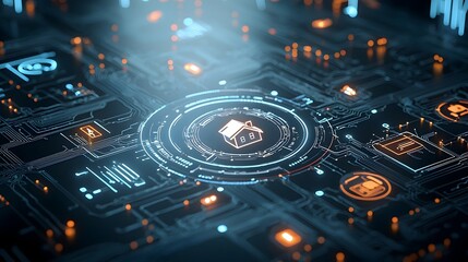 Fototapete - Glowing Digital Home Icon Centered in Complex Network of Circuit Lines Symbolizing Smart Technology and Internet of Things IOT on a Sleek Black Background