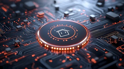 Leinwandbilder - Glowing digital home icon at the center of a complex network of circuit lines symbolizing the concept of smart technology and the Internet of Things IOT on a sleek minimalist black background