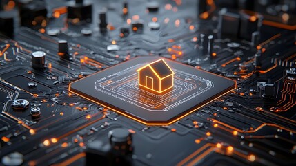 Leinwandbilder - Digital of Smart Home Technologies with a Central Glowing House Icon and Futuristic Circuit Lines on a Dark Background Showcasing the Concept of Intelligent Home Automation and Connectivity