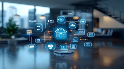 Leinwandbilder - Glowing Smart Home Icon Surrounded by Vibrant Circuit Lines on Dark Tech Inspired Background Representing Advanced IOT Technology and Digital Automation