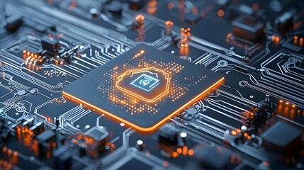 Poster - Closeup of a glowing smart home icon surrounded by bright circuit lines representing advanced IoT technology and automation on a dark tech inspired background