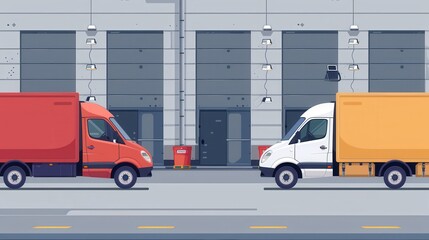 Poster - Red and white vans are lined up at the warehouse loading dock, prepared for shipment and awaiting cargo loading. Generative AI