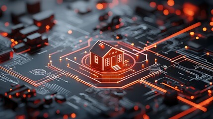 Leinwandbilder - Sleek 3D rendering of a glowing smart home symbol surrounded by dynamic circuit lines and IOT connections on a dark modern background  Representing the future of home automation digital connectivity