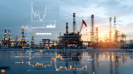 Fototapete - Captivating double exposure of offshore oil rigs and a rising forex chart set against a warm sunset glow symbolizing the dynamic global energy and oil market landscape
