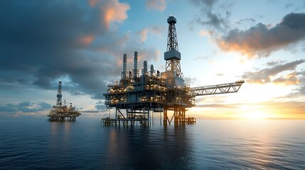 Fototapete - Double exposure of oil rigs and a rising forex chart with a warm sunset glow representing the global energy and oil market s profound impact on financial trading and investment