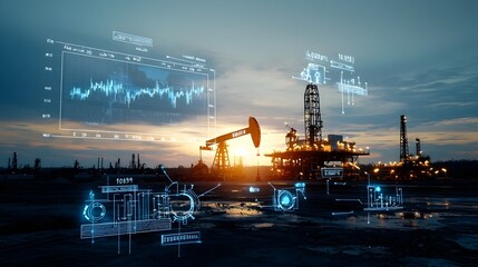 Poster - Double exposure image depicting the global energy and oil market with overlapping elements of offshore oil rigs and a rising forex chart against a warm sunset glow on the horizon