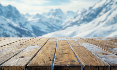 Wall Mural - Empty wooden table, winter mountain landscape with copy space