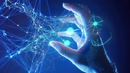 Aufkleber - A hand interacts with a digital network of interconnected nodes and lines in a blue setting.