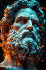 Poster - An engaging representation of a bearded statue illuminated by digital art, exploring the blend of historical grandeur and technological advancement.