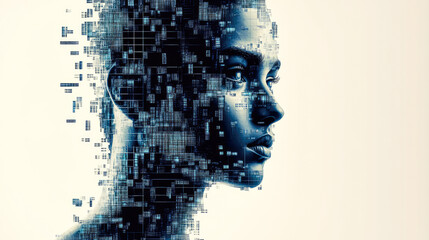 Poster - A striking fragmented portrait of a woman, infused with abstract digital art, symbolizing the complexities of identity and modern technological influences.