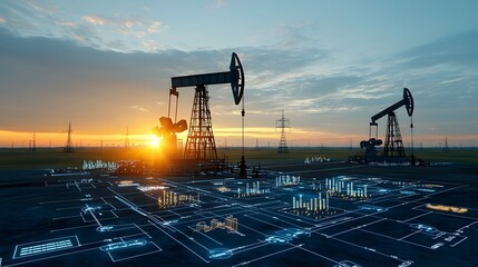 Aufkleber - Dramatic sunset landscape over silhouetted oil fields with a forex chart growth overlay symbolizing the intersection and interdependence of energy production and financial markets
