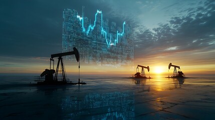 Poster - Oil mining industry blending with a digital forex chart soaring into the sky at sunset representing the concept of financial market growth and expansion