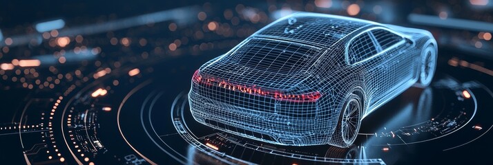 Poster - With a blue background, a futuristic digital wireframe shows a car concept.