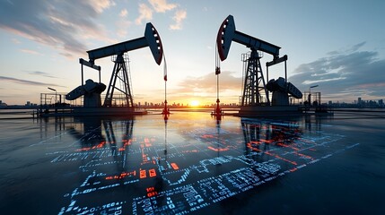 Poster - Double exposure of active oil pumps framed by the vibrant colors of a dramatic sunset with an ascending financial chart symbolizing growth and progress in the energy and market industries
