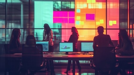 A group of five people, three women and two men, working on computers in a brightly lit office space.