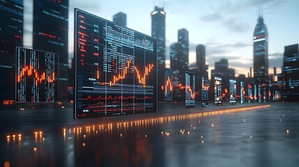 Leinwandbilder - Generative Composition of Oil Mining and Forex Market Charts Growing Side by Side Under a Fiery Sunset Sky Symbolizing Energy Market Price Trends and Financial Dynamics