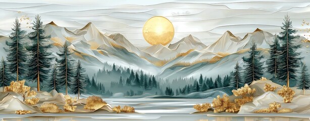Poster - A flat illustration of a mountain landscape with silhouettes of mountains, hills, a forest, a sky, and a lake