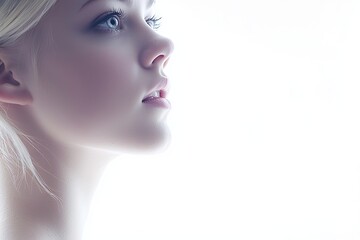 Portrait of a smiling girl model with natural makeup on a white background, touching her healthy facial skin with her hands