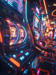 Aufkleber - A row of dazzling slot machines showcases spinning reels and a glowing jackpot symbol, captivating players in a lively casino environment. Generative AI