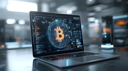 Poster - Close up view of a laptop computer displaying a futuristic holographic dollar sign highlighting the advancements in online banking digital currency