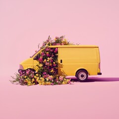 Poster - Yellow van with colorful spring flowers on yellow background. 3D rendering, 3D illustration