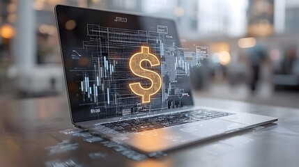 Aufkleber - Glowing 3D dollar sign hologram hovering over a laptop symbolizing the concept of online banking digital currency and the future of cashless financial transactions  Abstract blurred background