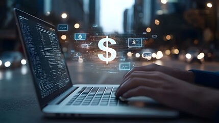 Aufkleber - Glowing 3D Dollar Sign Hologram Hovering Over Laptop Symbolizing Online Currency and Banking with Blurred Abstract Background  Conceptual of Digital Finance and Ecommerce Technology