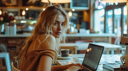 Fototapete - A woman working on her computer in a fashionable cafe.