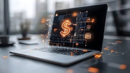 Aufkleber - Close up view of a glowing dollar sign hologram hovering above a laptop representing the concept of online currency exchange digital banking and fintech innovations