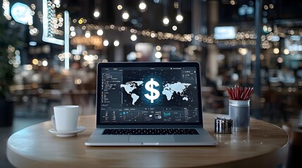 Poster - Laptop displaying a glowing holographic dollar sign representing the advancements in online banking and fintech technology